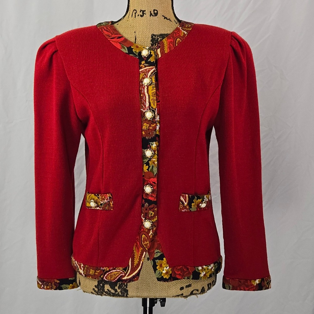 Matthew And David For BL Vintage Red Knit Blazer Jacket Floral Trim Made In USA